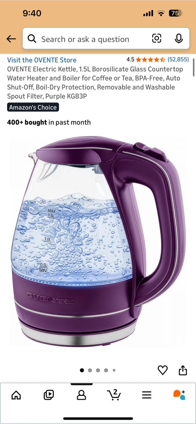 Ovente Electric Kettle 1.5L Borosilicate Glass Purple