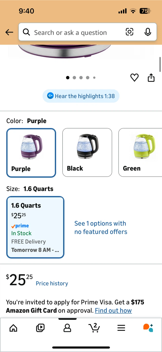 Ovente Electric Kettle 1.5L Borosilicate Glass Purple - photo 2