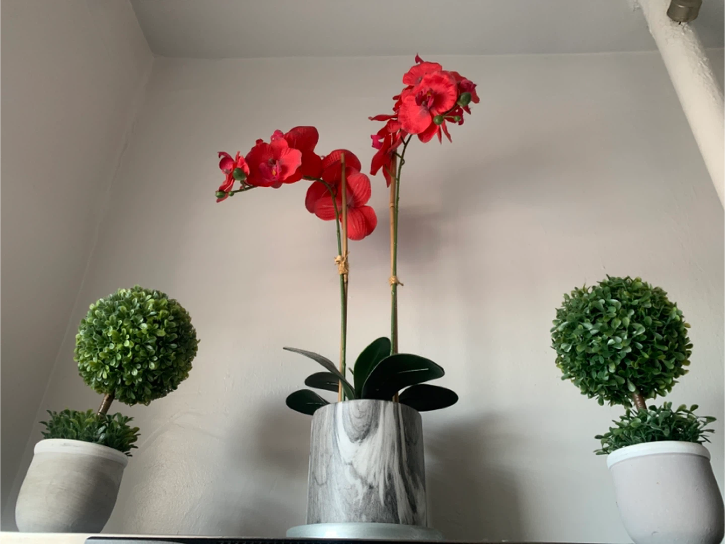 Artificial Red Orchid and Greenery Topiary Set