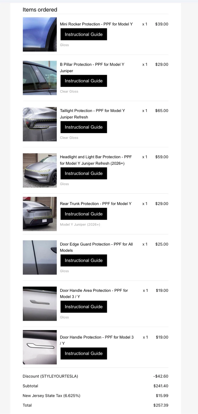 Car Protection PPF Kits for Tesla Model Y Juniper