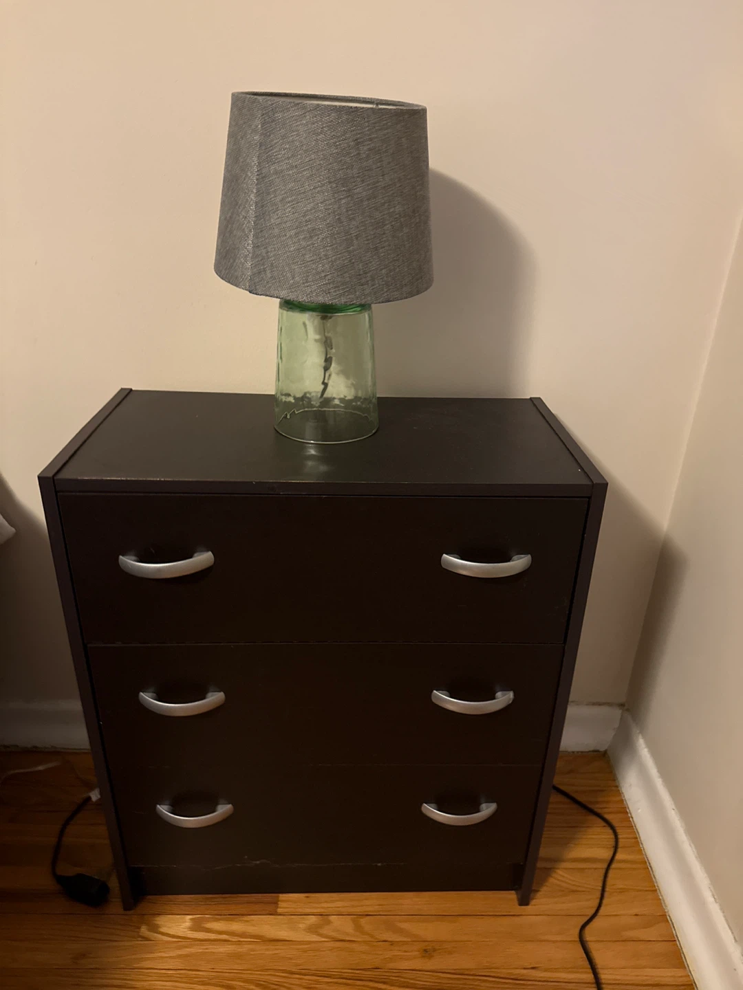 Side table and Glass base and grey fabric lampshade table lamp