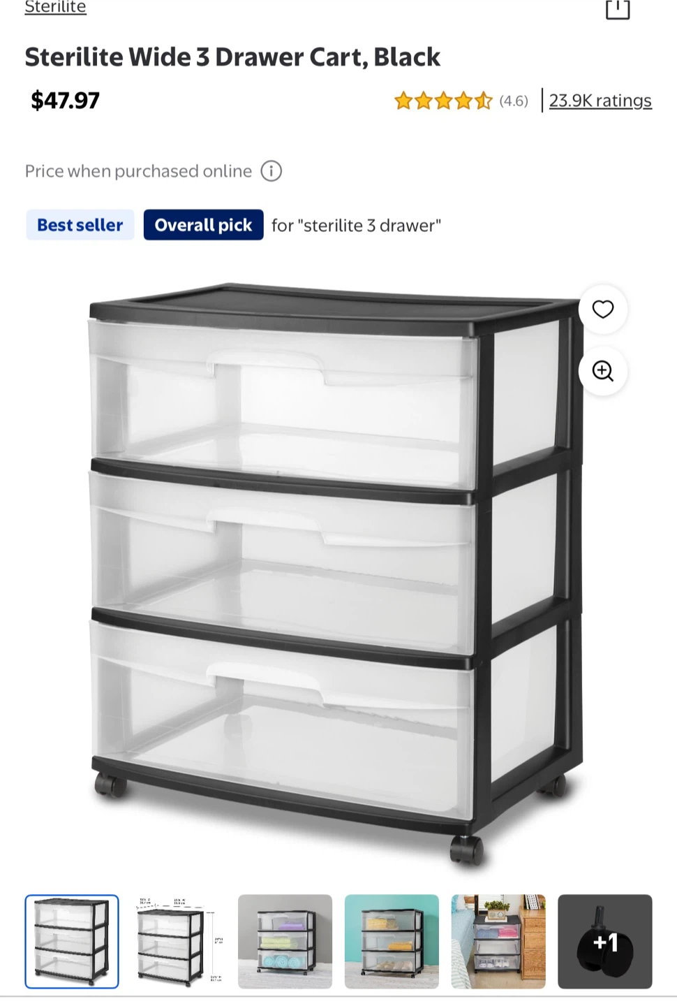 Sterilite Wide 3 Drawer Cart, Black