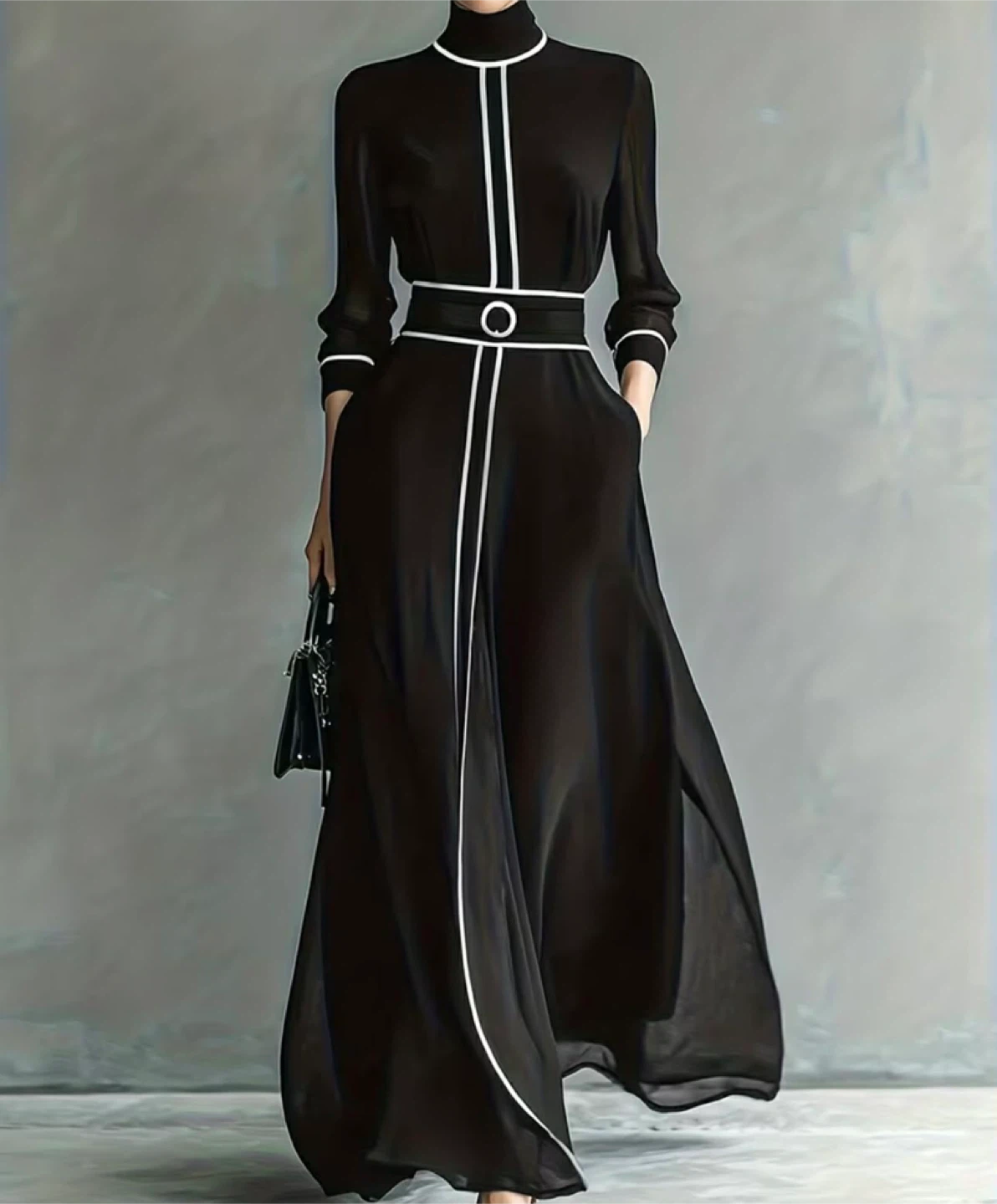 Women's Black Maxi Dress with White Trim