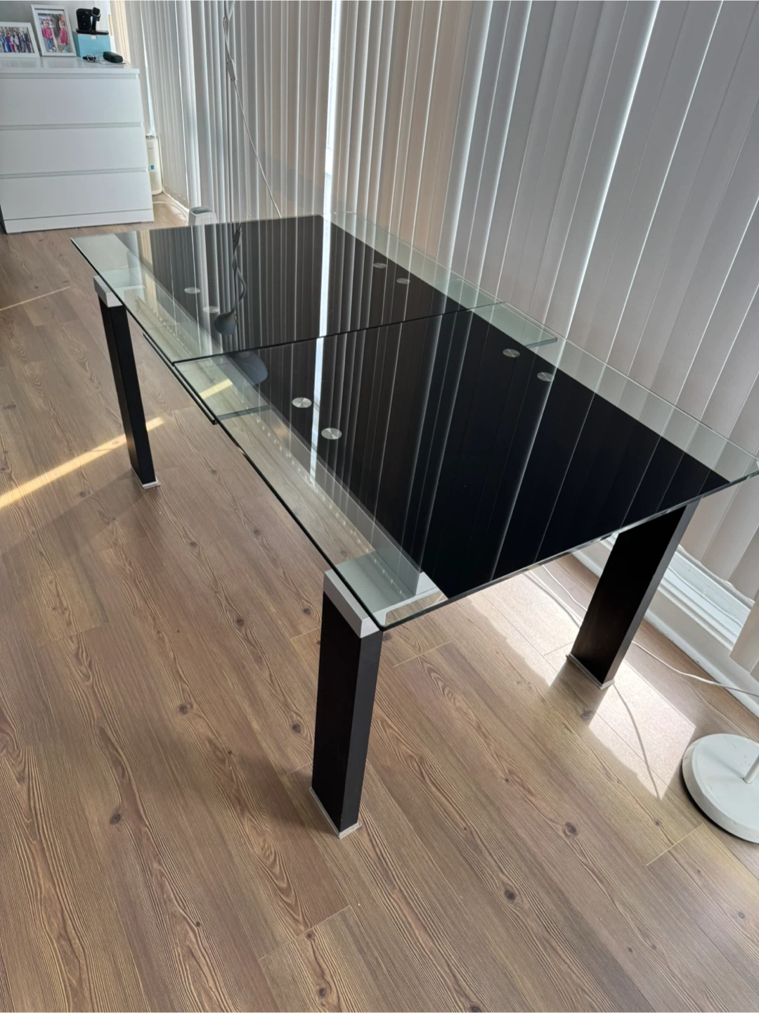 Moving sale- Extendable Glass Top Dining Table with Black Legs