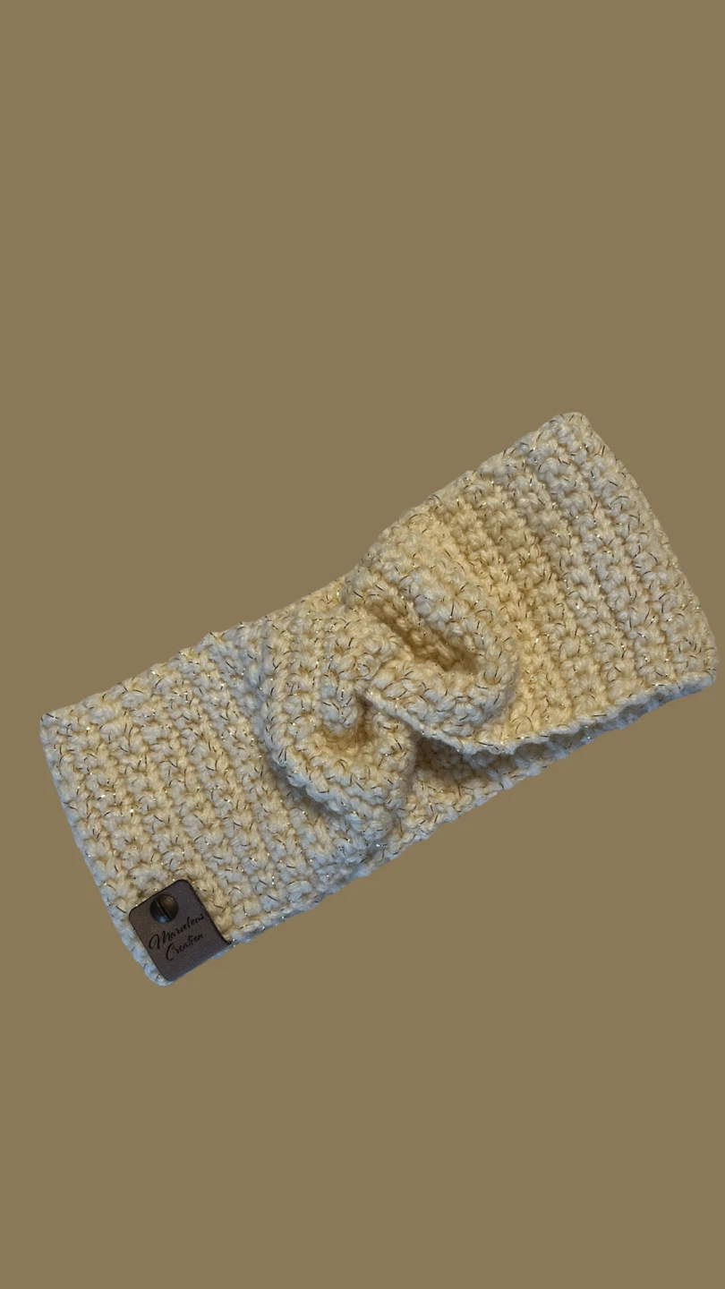 Hand-Crocheted Cream Ear Warmer Headband with Gold Sparkle