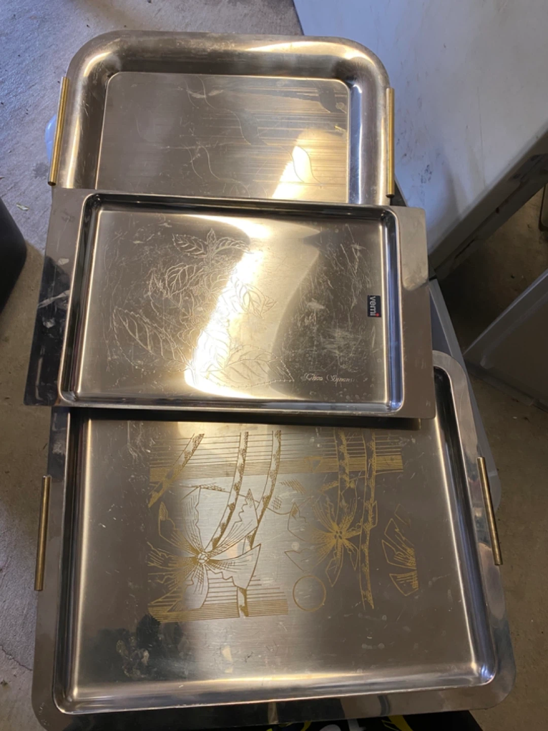 Set of 3 Stainless Steel Serving Trays with Brass Handles