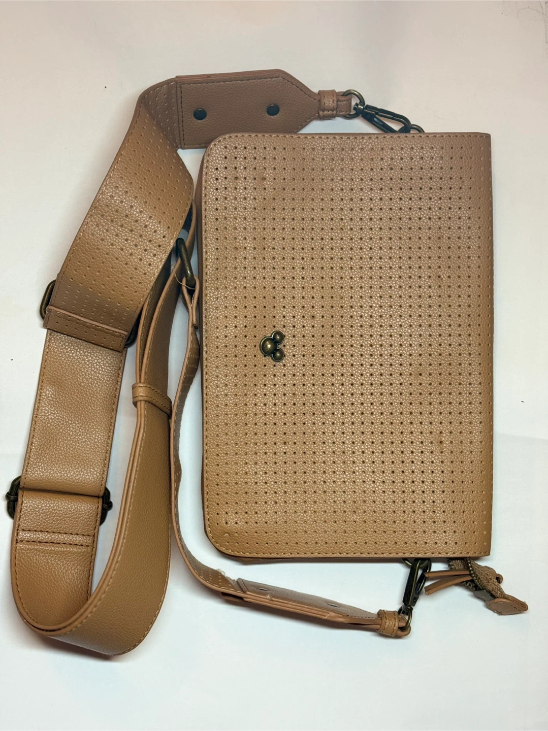 Brown Perforated Crossbody Bag with Mickey Mouse Clasp