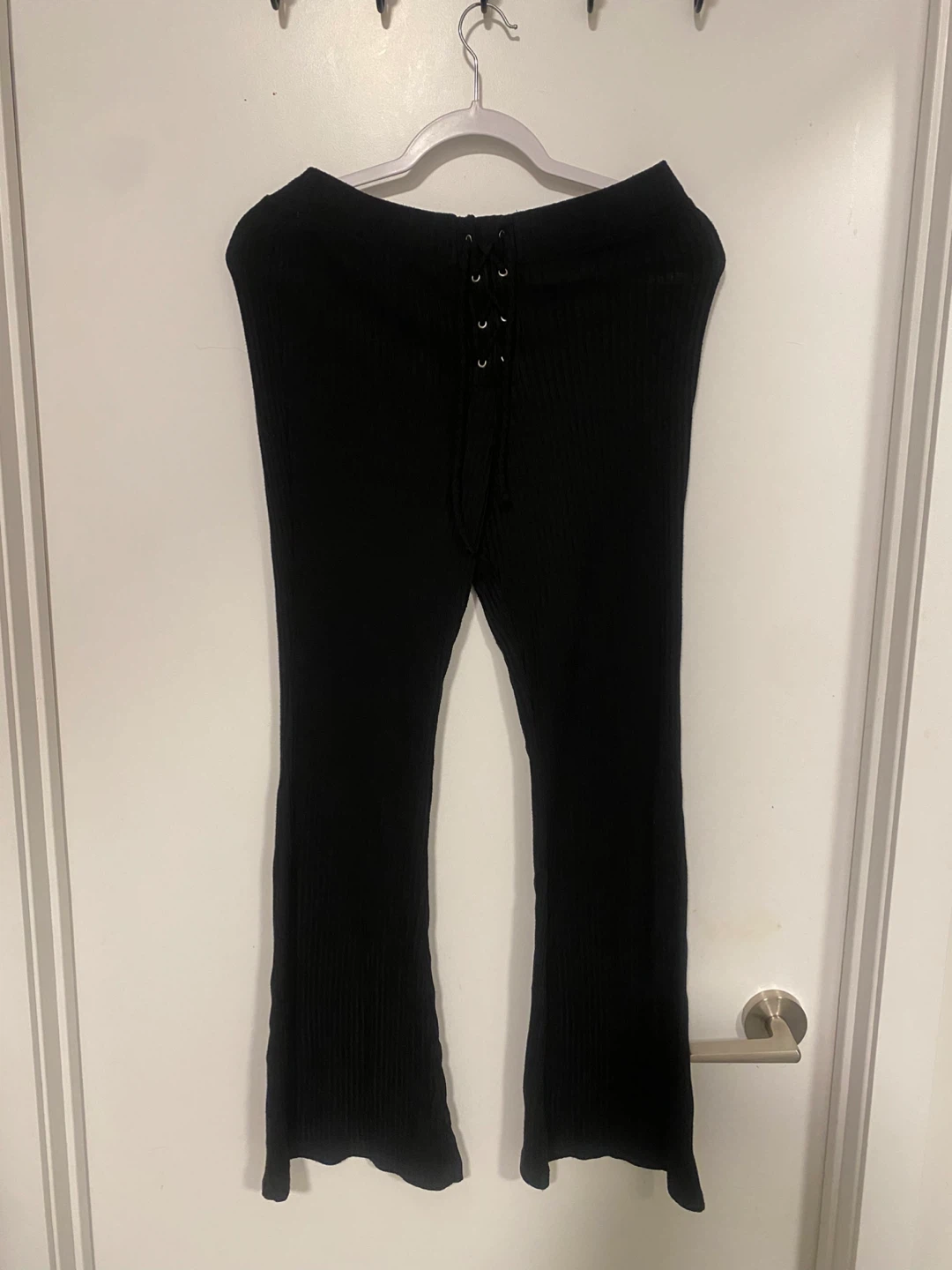 TOPSHOP Black Petite Flare Ribbed Pants Lace-Up Front - US 6