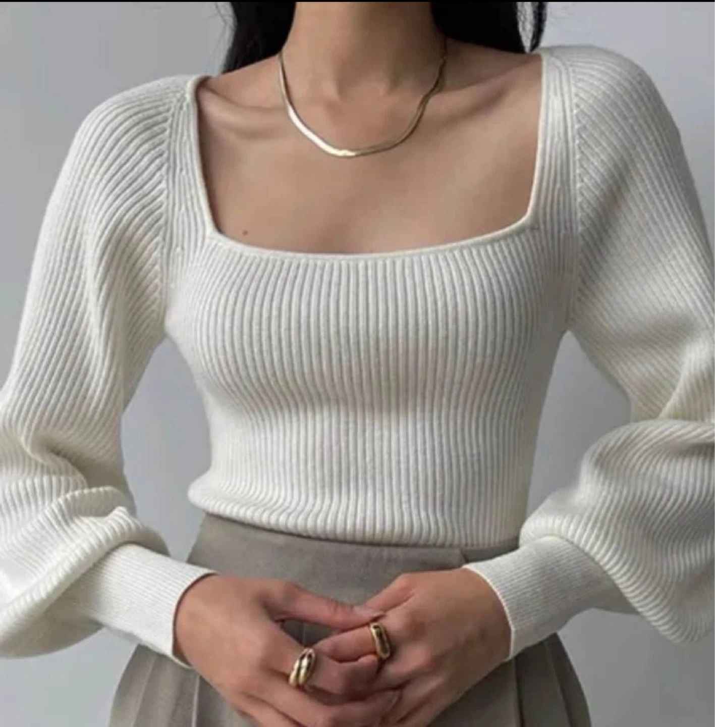 Oak+Fort White Ribbed Square Neck Sweater