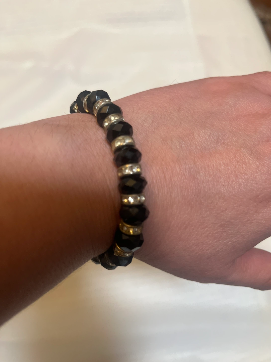 Black Beaded Stretchy Bracelet with Rhinestones