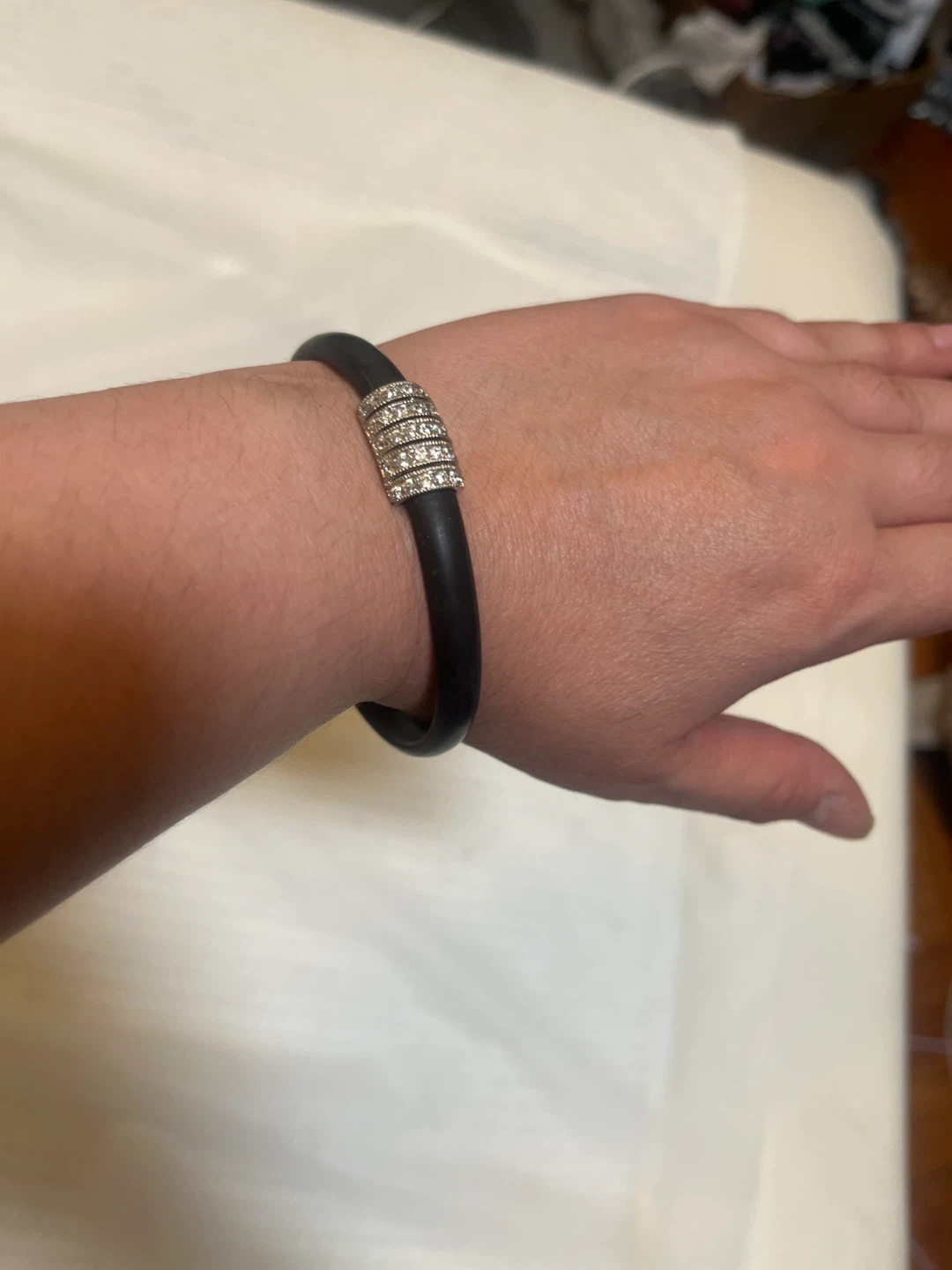 Black Rubber Bracelet with Rhinestone Accent