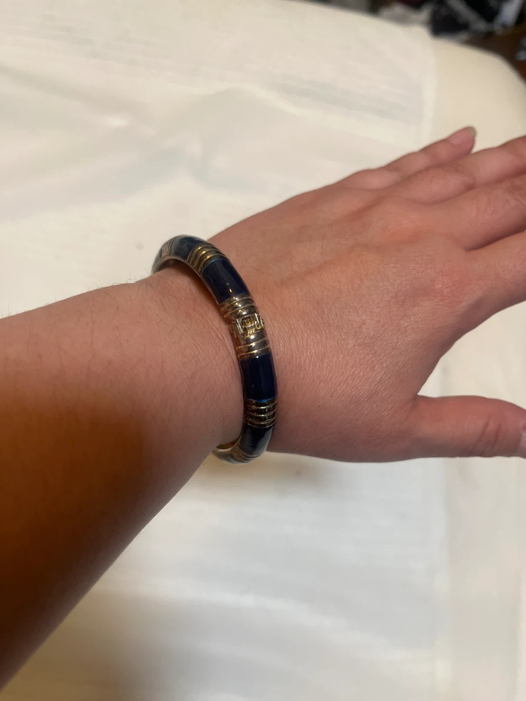 Blue and Gold Tone Hinged Bangle Bracelet