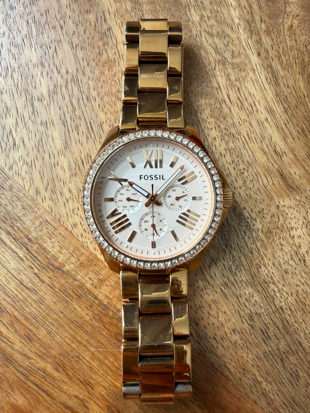 Fossil Rose Gold Tone Stainless Steel Watch with Crystal Bezel
