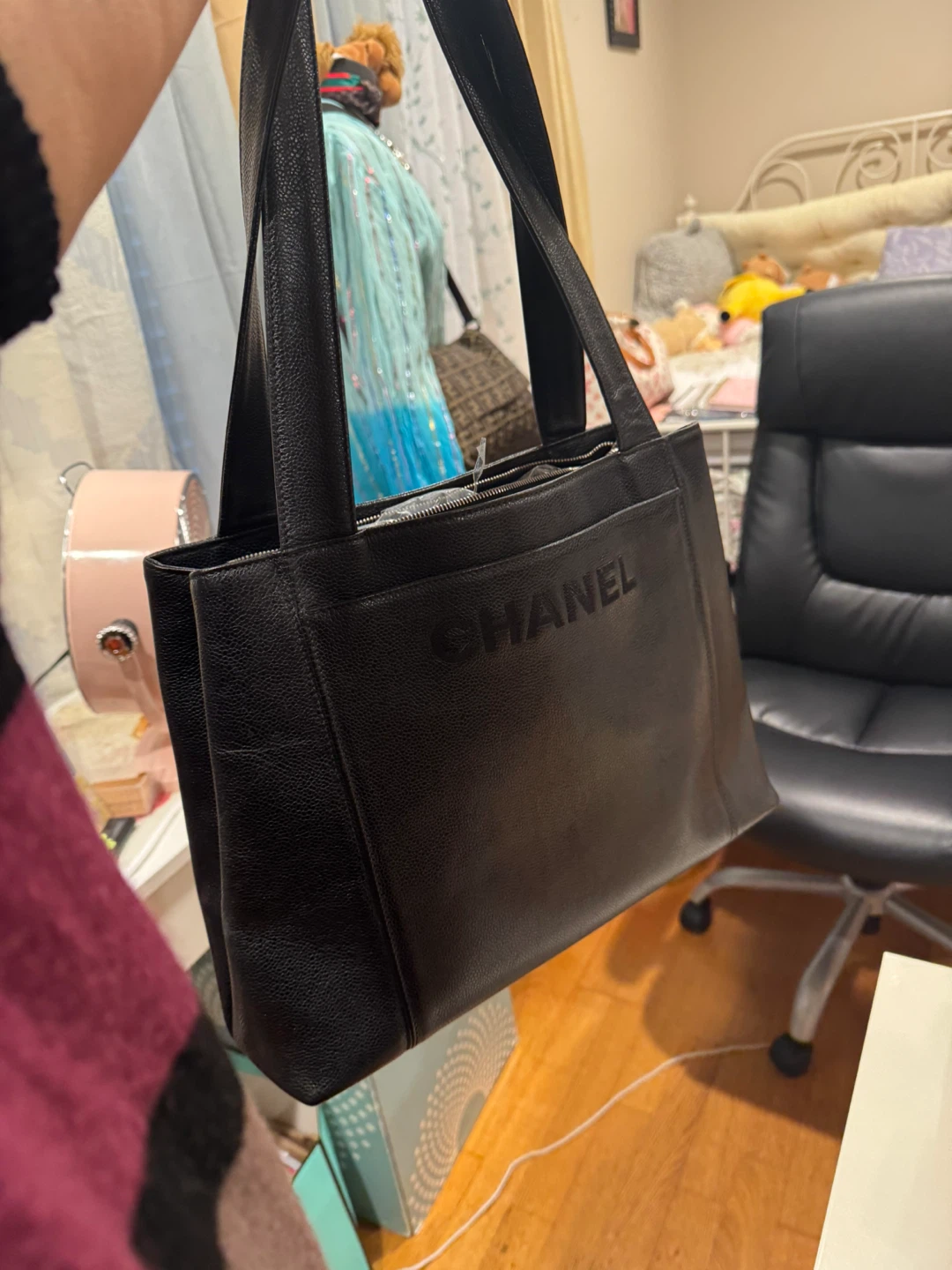 Black Leather Chanel Tote Bag