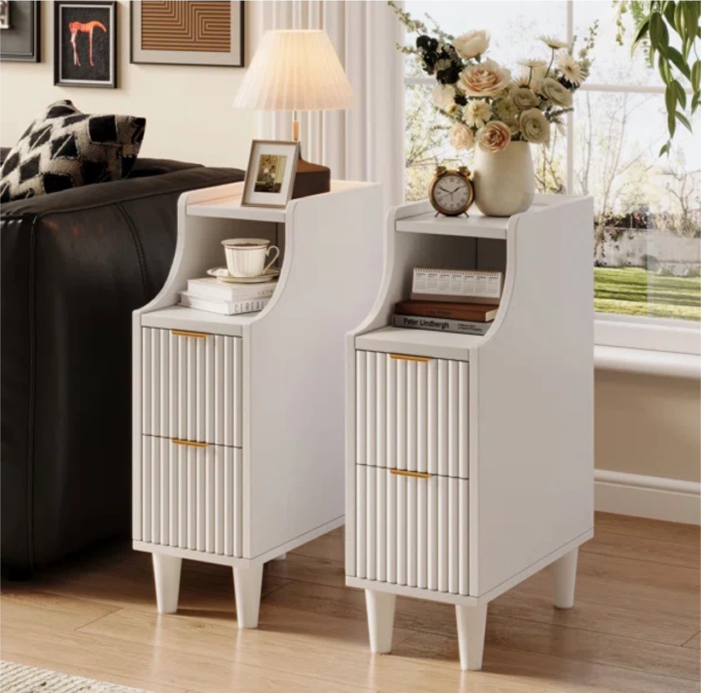 White Nightstand with 2 Drawers and Top Shelf