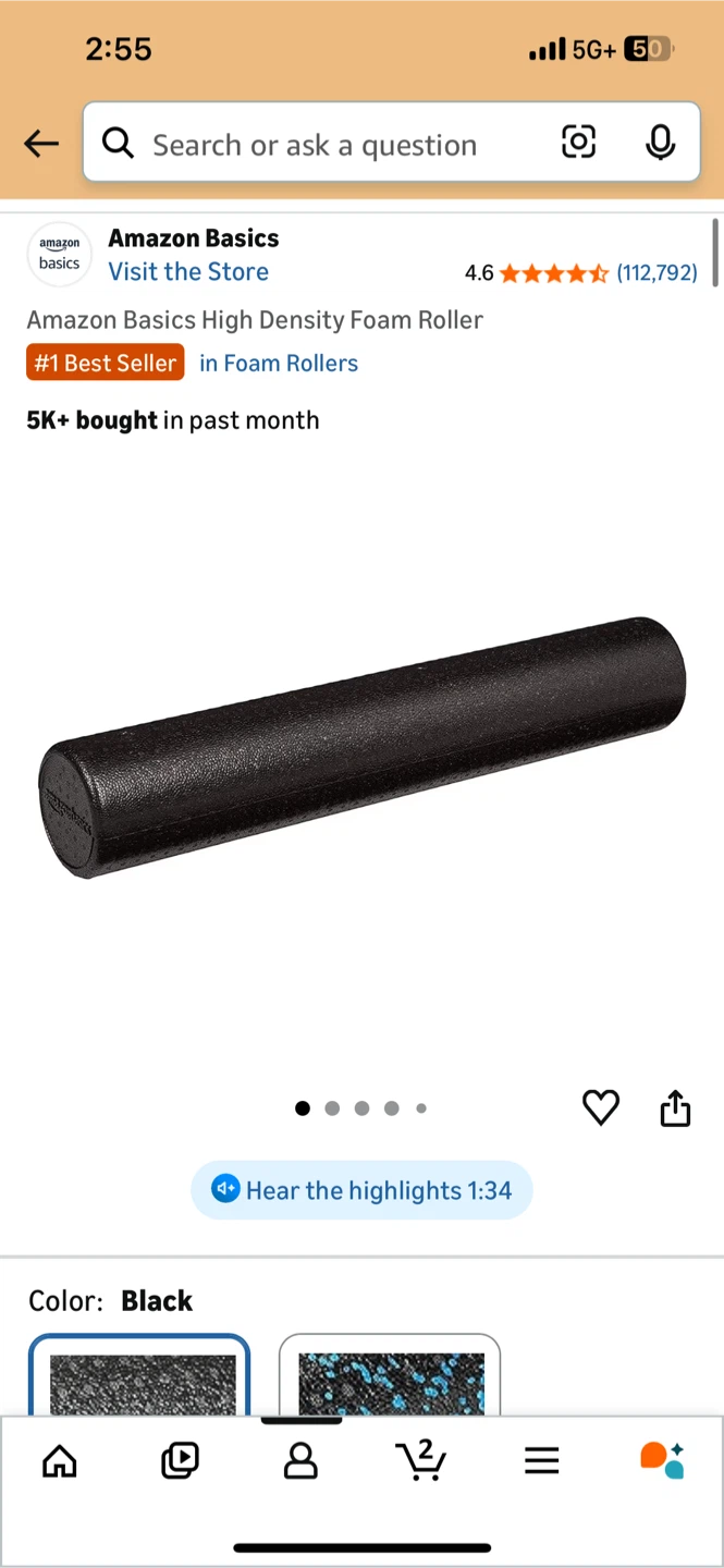 Amazon Basics High Density Foam Roller - Black, 36 Inches