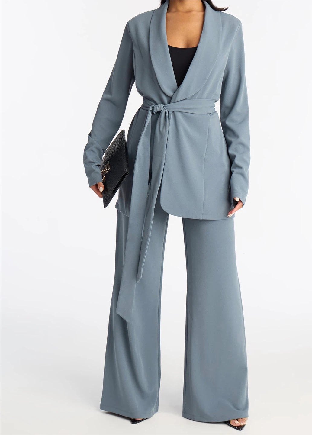 Women's Blue Belted Blazer and Pants Set