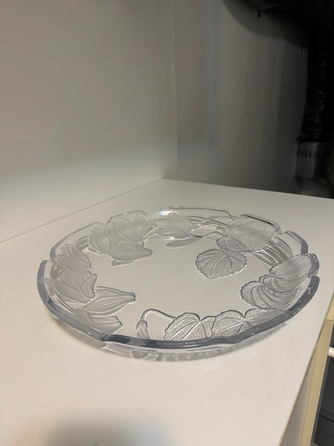 Glass serving dish with floral etching