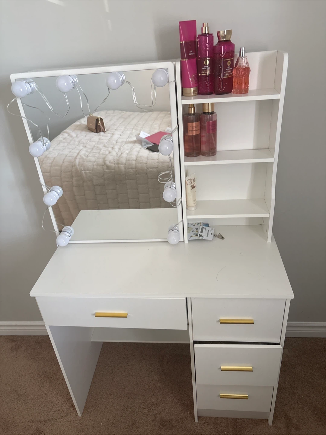White Vanity Desk with Mirror and Lights