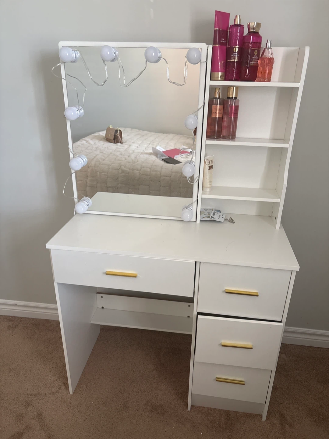 White Vanity Desk with Mirror and Lights - photo 3