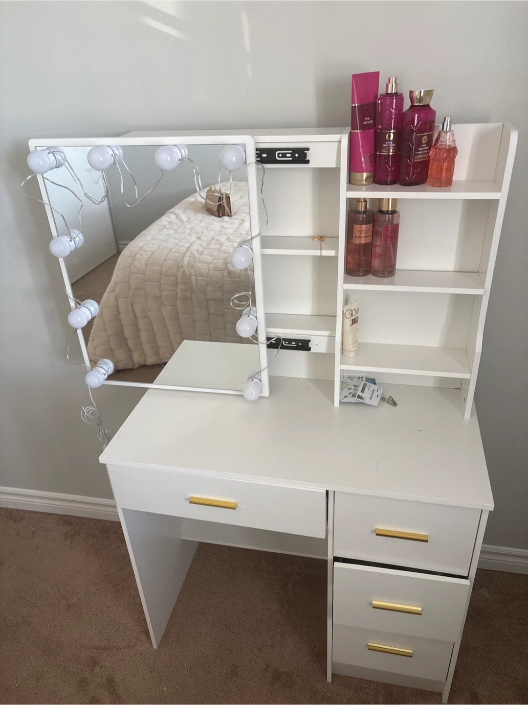 White Vanity Desk with Mirror and Lights - photo 2