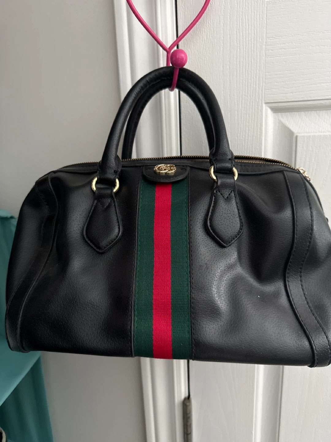 Black Gucci Boston Bag with Green and Red Stripe
