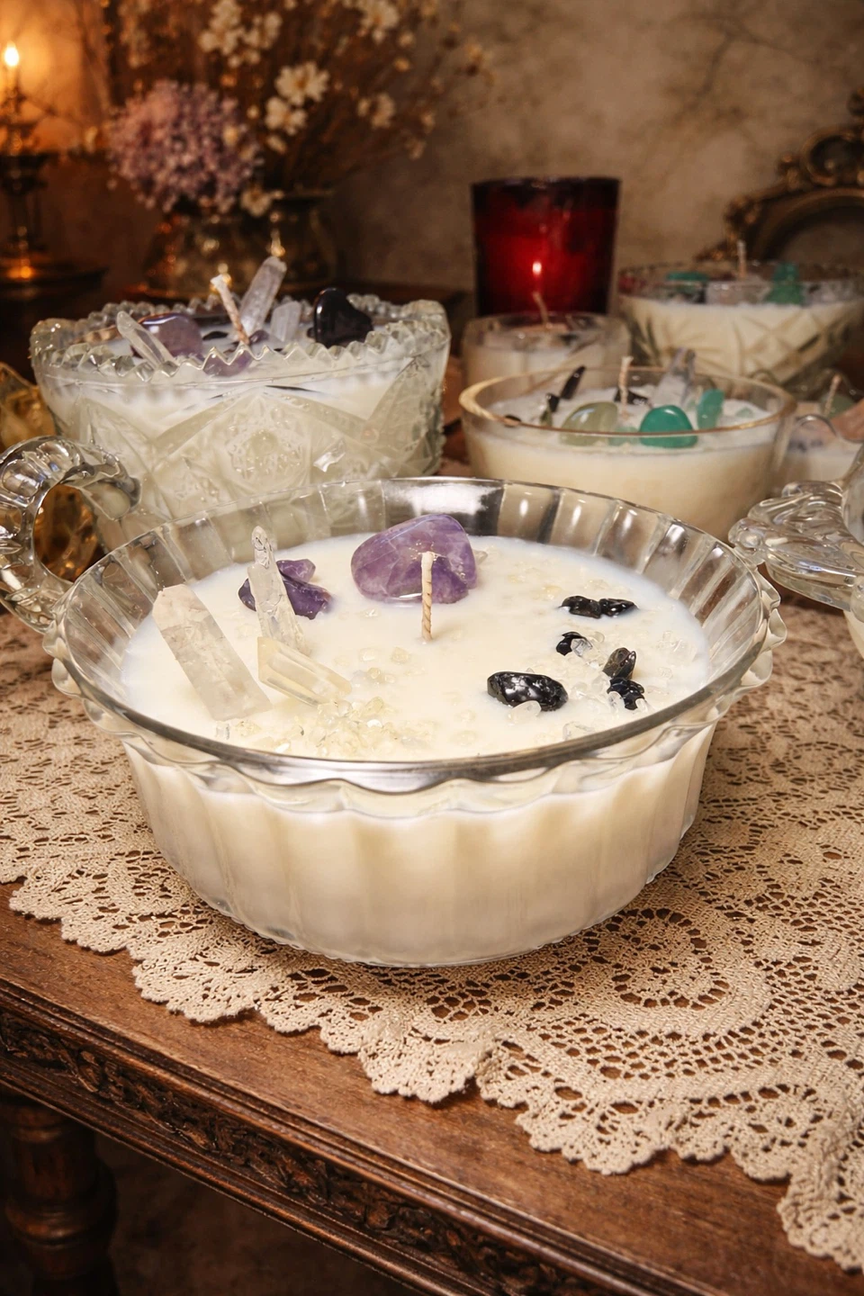 Candle with Amethyst, Quartz, and Green Aventurine Crystals