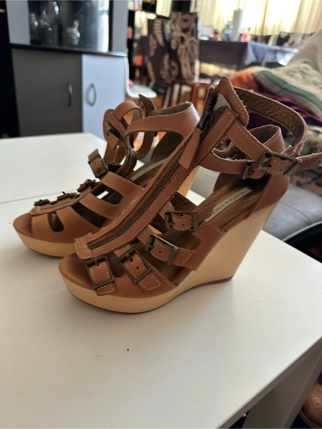 Cynthia Vincent Brown Leather Wedge Sandals
