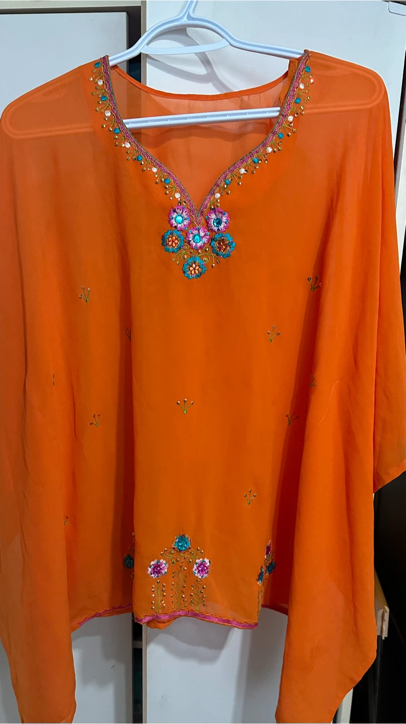 Orange Kaftan Top with Beaded Floral Neckline