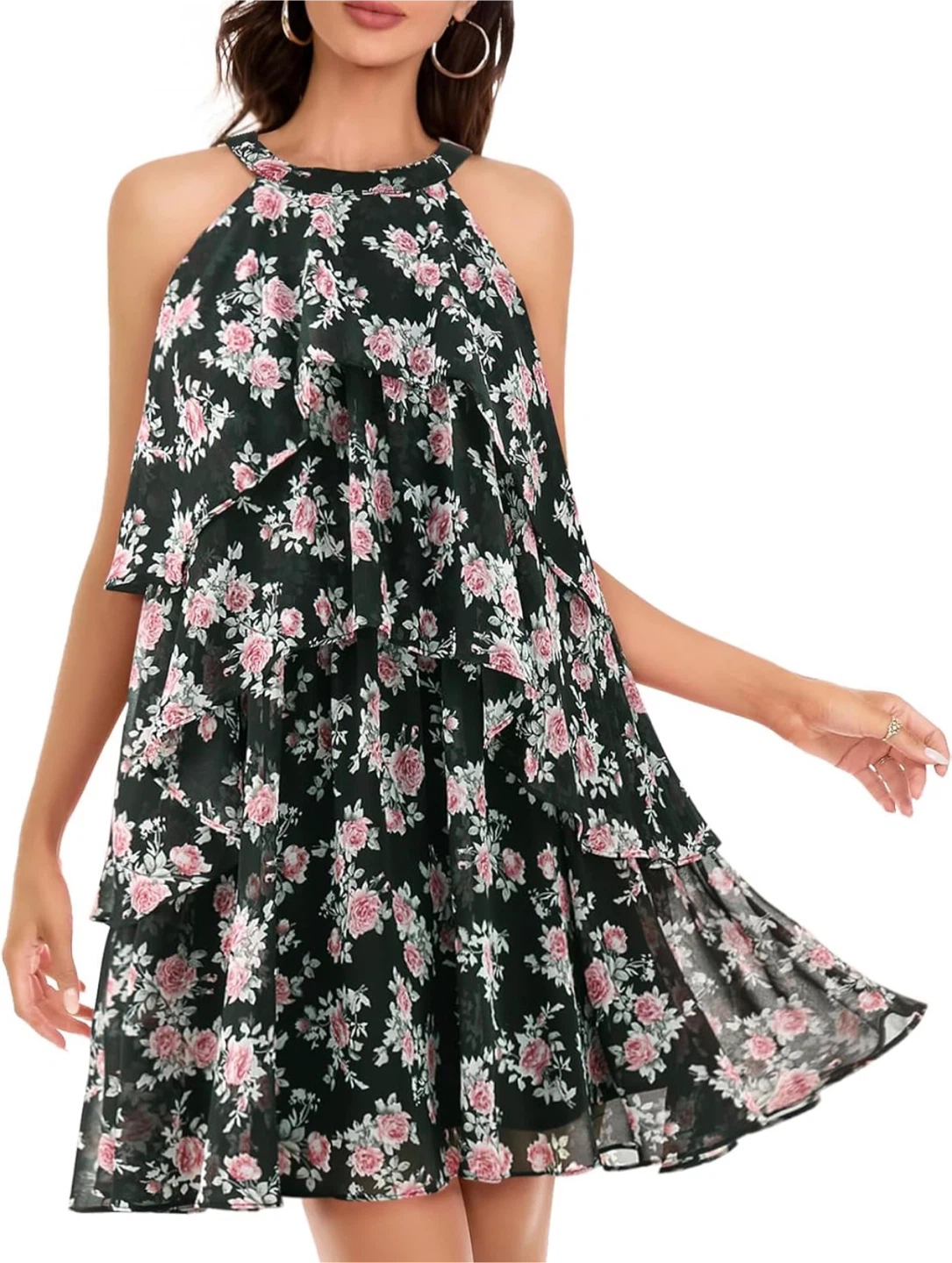 DRESSTELLS Floral Halter Tiered Ruffle Dress