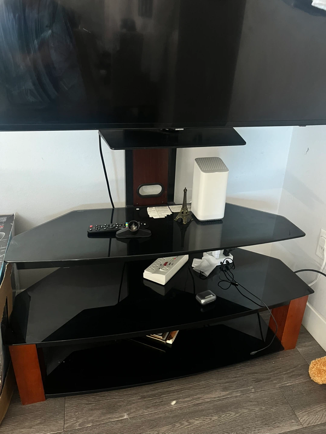 Modern Corner TV Stand with Glass Shelves Excellent Condition