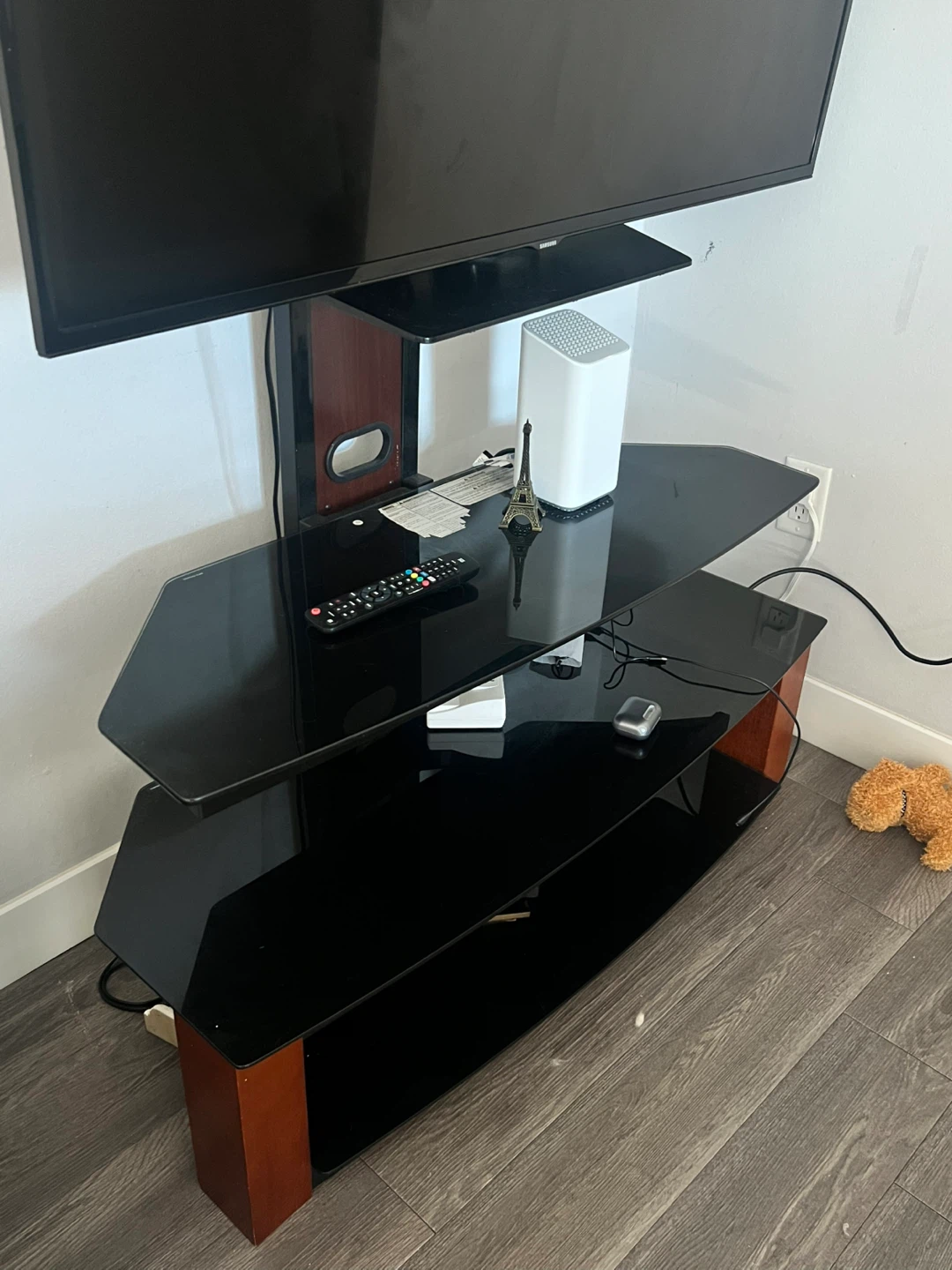 Modern Corner TV Stand with Glass Shelves Excellent Condition - photo 2