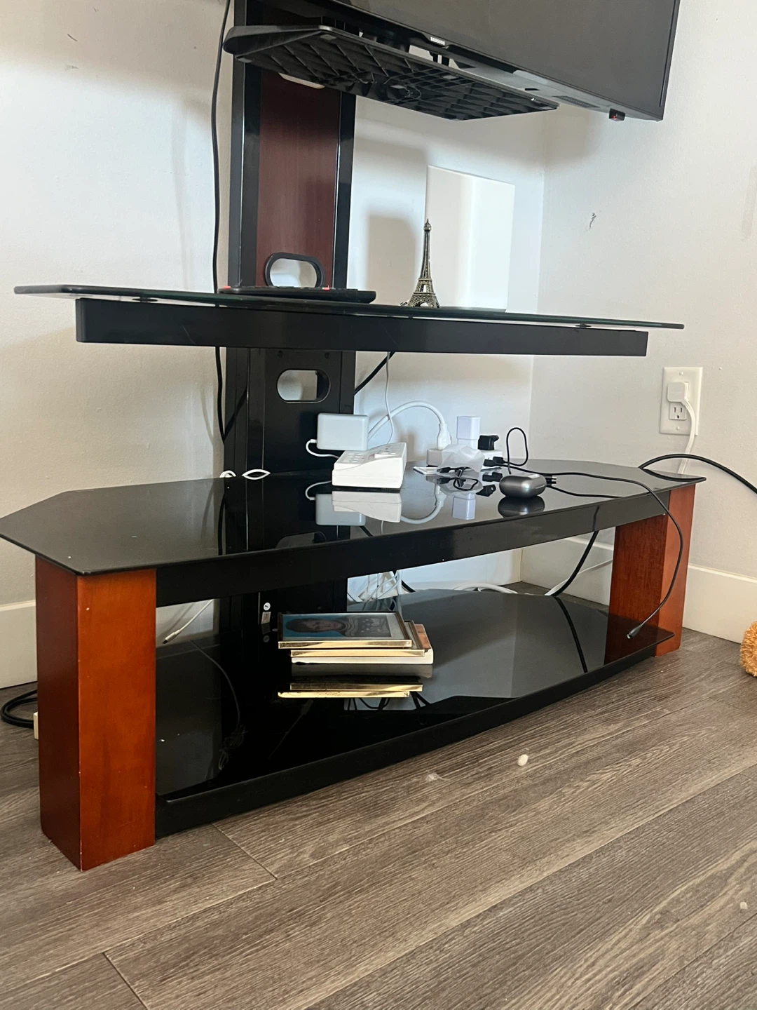 Modern Corner TV Stand with Glass Shelves Excellent Condition - photo 3