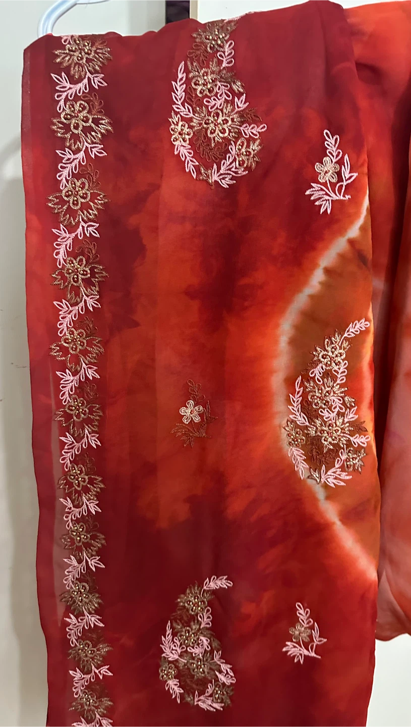 Embroidered Chiffon Scarf - Red Orange Tie-Dye