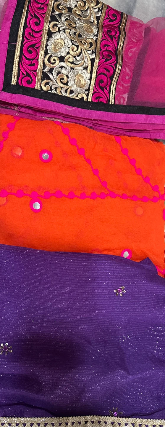Embroidered Orange and Purple Dupatta with Mirror Work