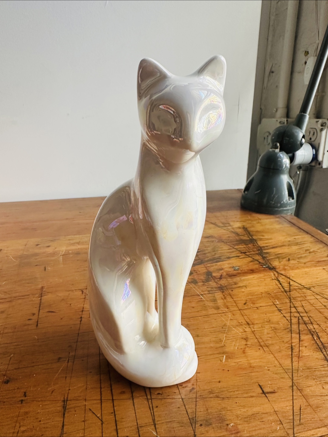 Cameron & Sons Ltd. White Iridescent Ceramic Cat Sculpture
