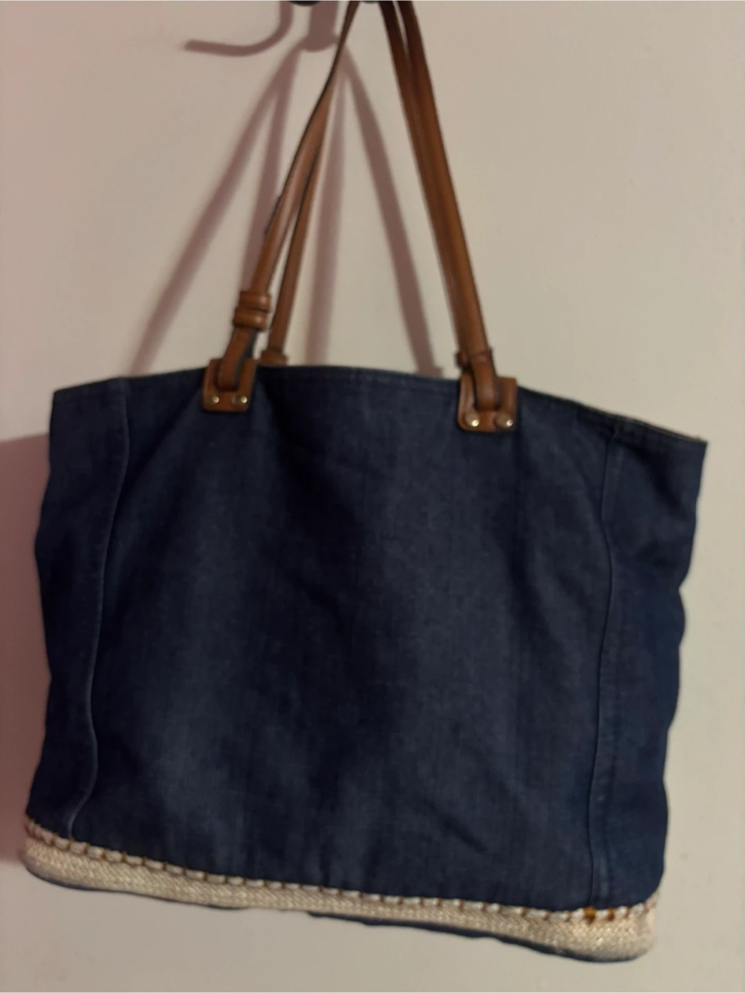 Denim tote bag with tan straps