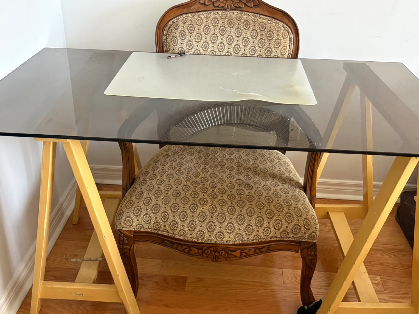 Glass Top Desk with Wooden Sawhorse Legs