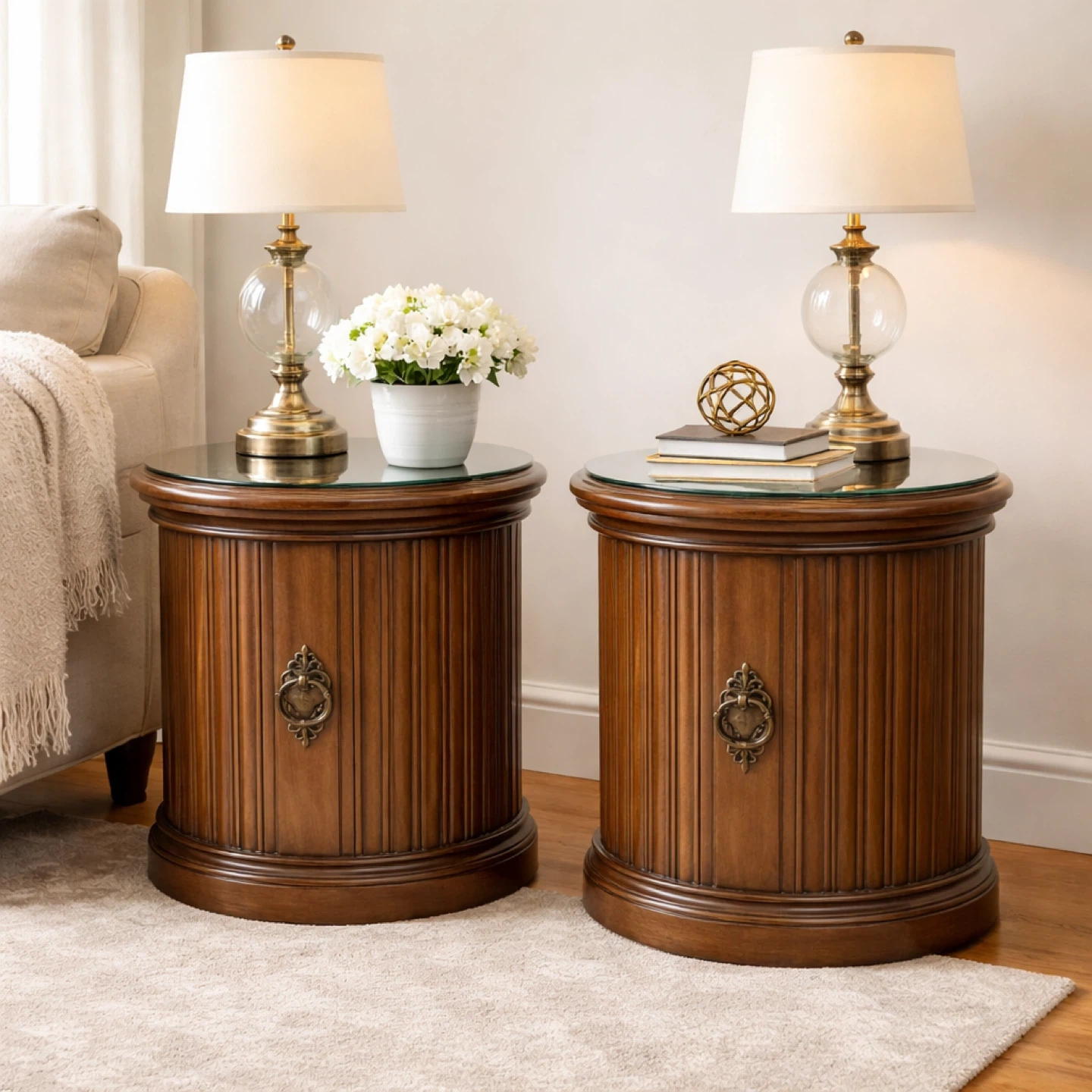 Set of 2 Wood Barrel Side Tables with Glass Top