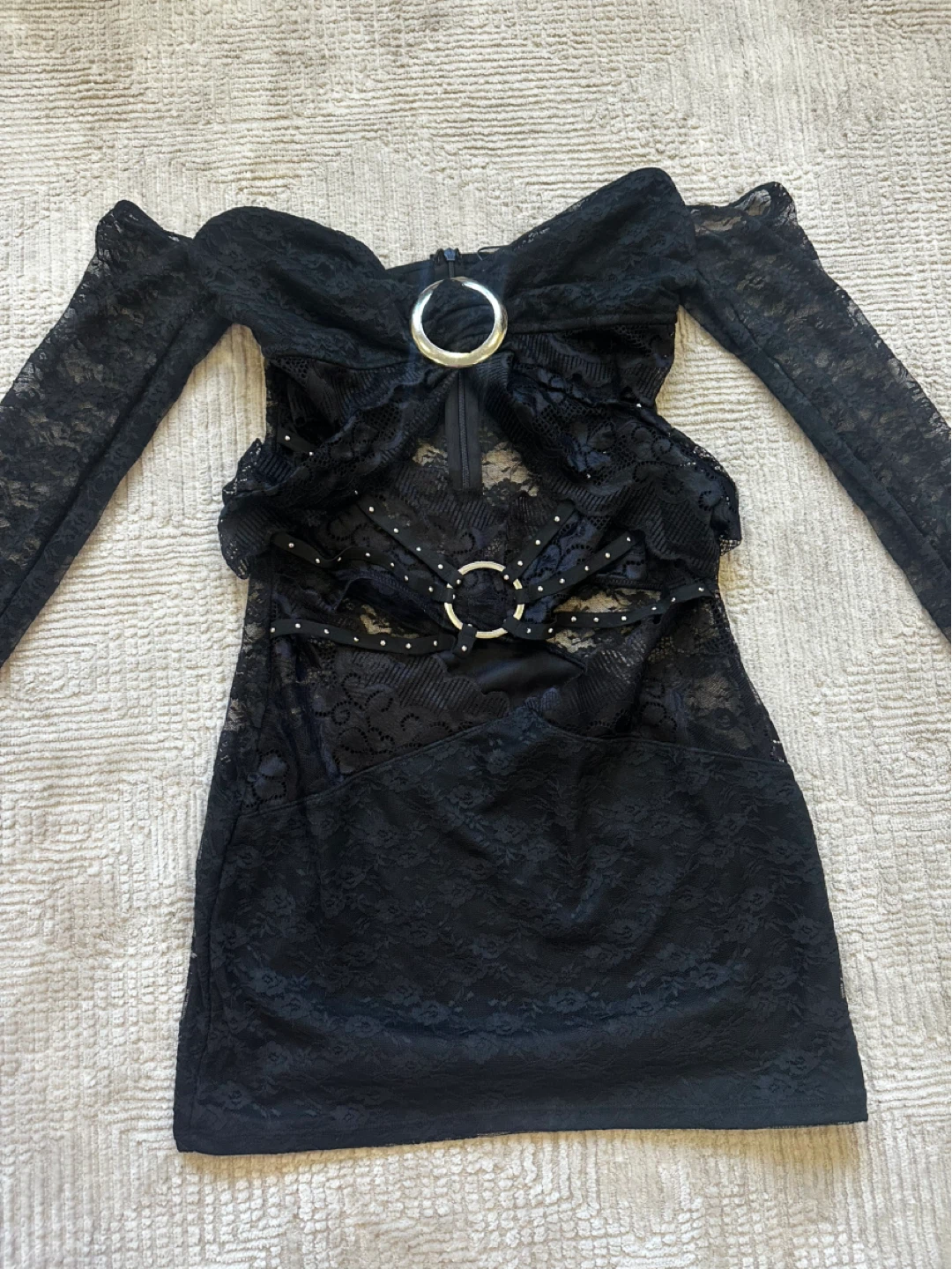 New Fashion Nova Black Lace Mini Dress with O-Ring Detail