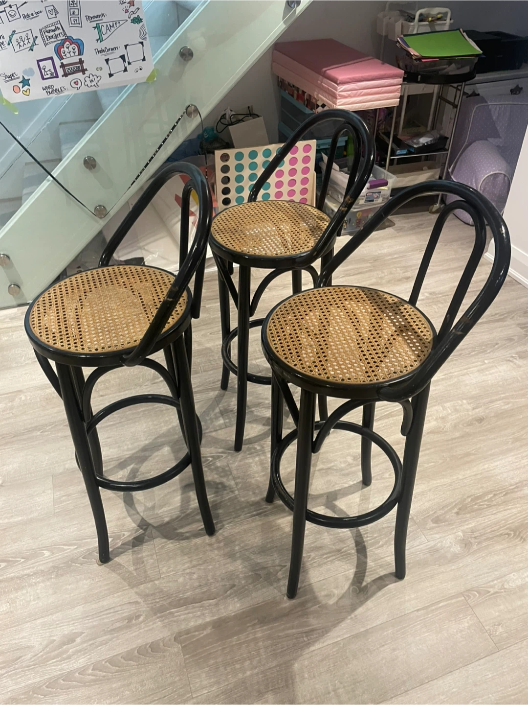 Black Bentwood Bar Stools with Cane Seat