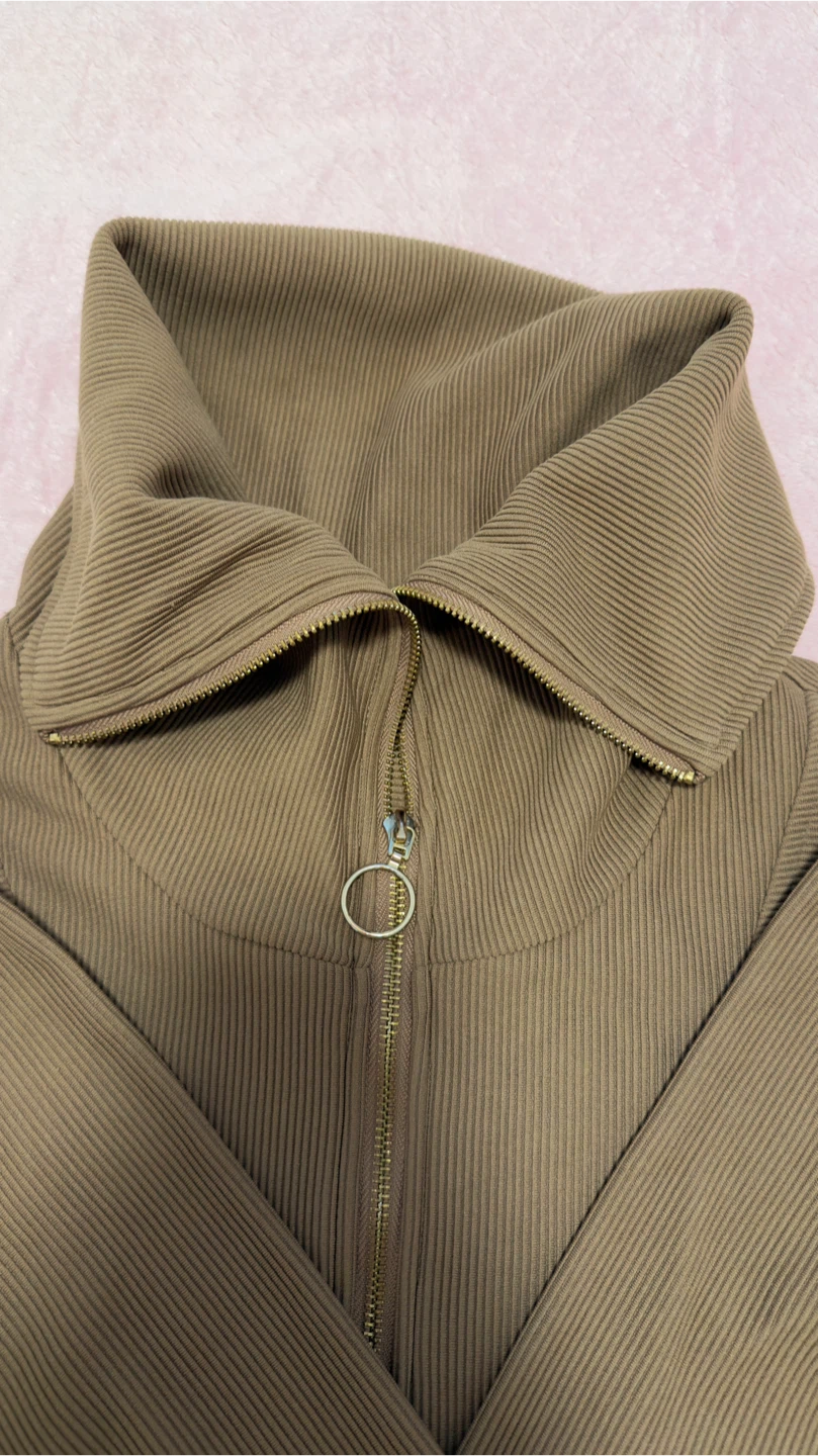 Ribbed Mock Neck Zip-Up-Brown - photo 2