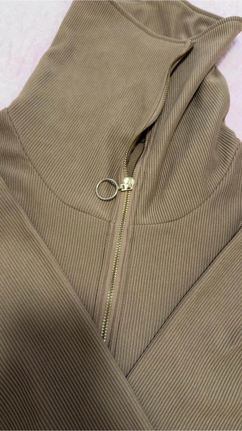 Ribbed Mock Neck Zip-Up-Brown - photo 4