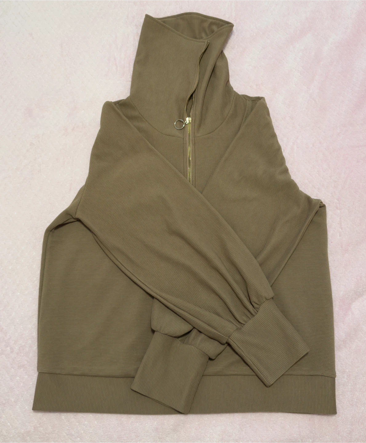 Ribbed Mock Neck Zip-Up-Brown