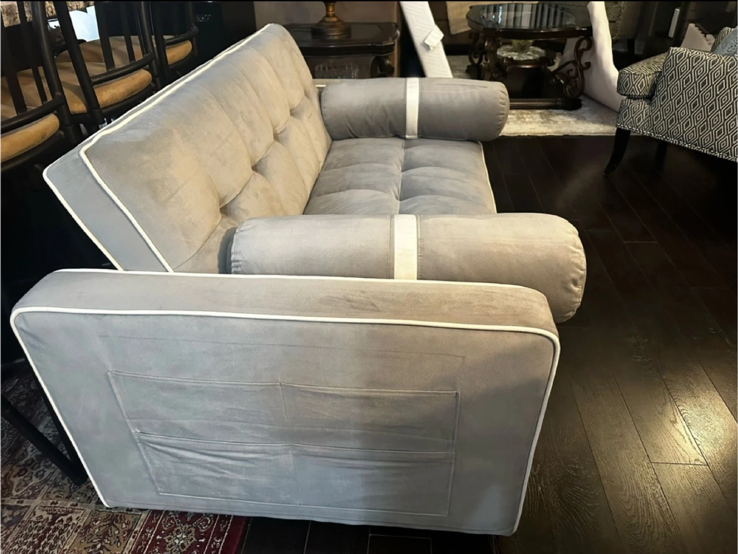 Grey Velvet Sleeper Sofa with Bolster Pillows - photo 3