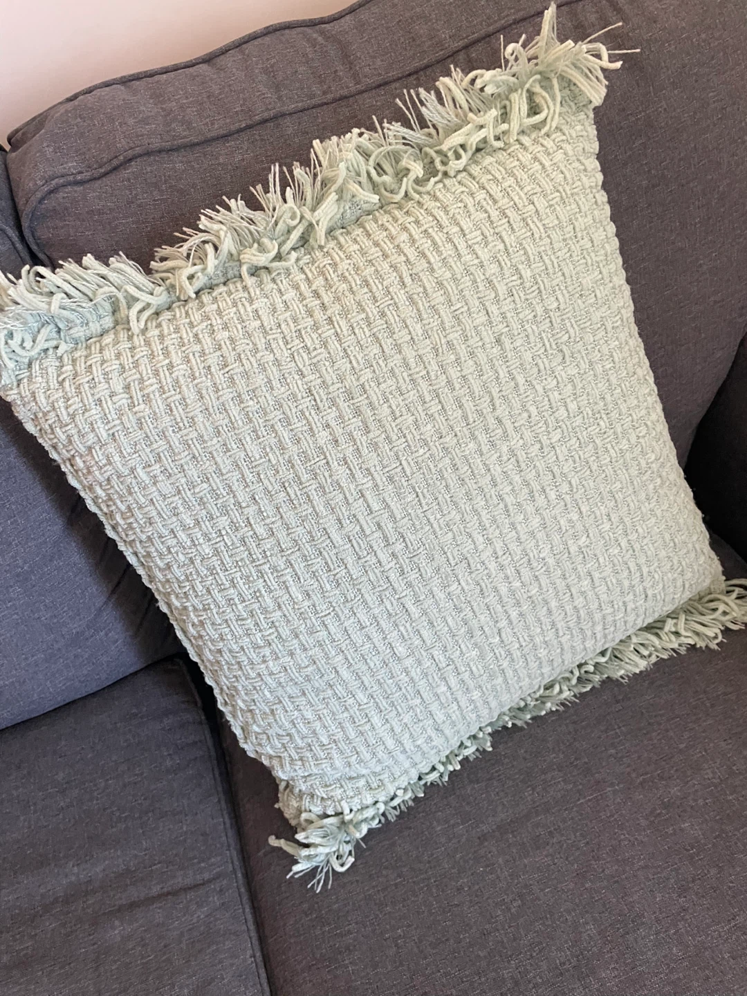Light Green Textured Throw Pillows with Fringe - photo 2