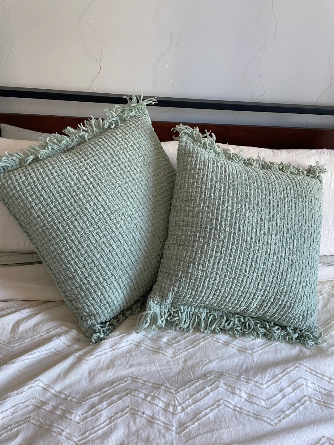 Light Green Textured Throw Pillows with Fringe