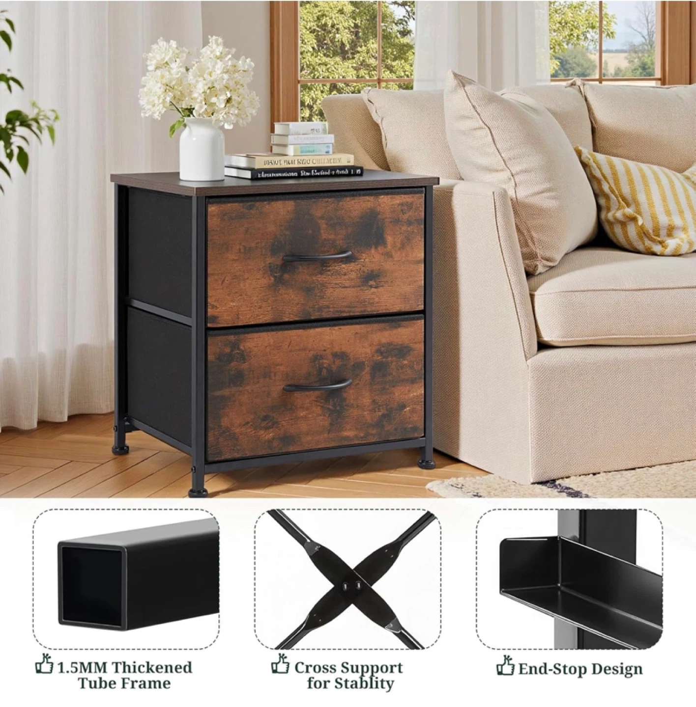 2-Drawer Fabric Dresser Nightstand - Rustic Brown - photo 3