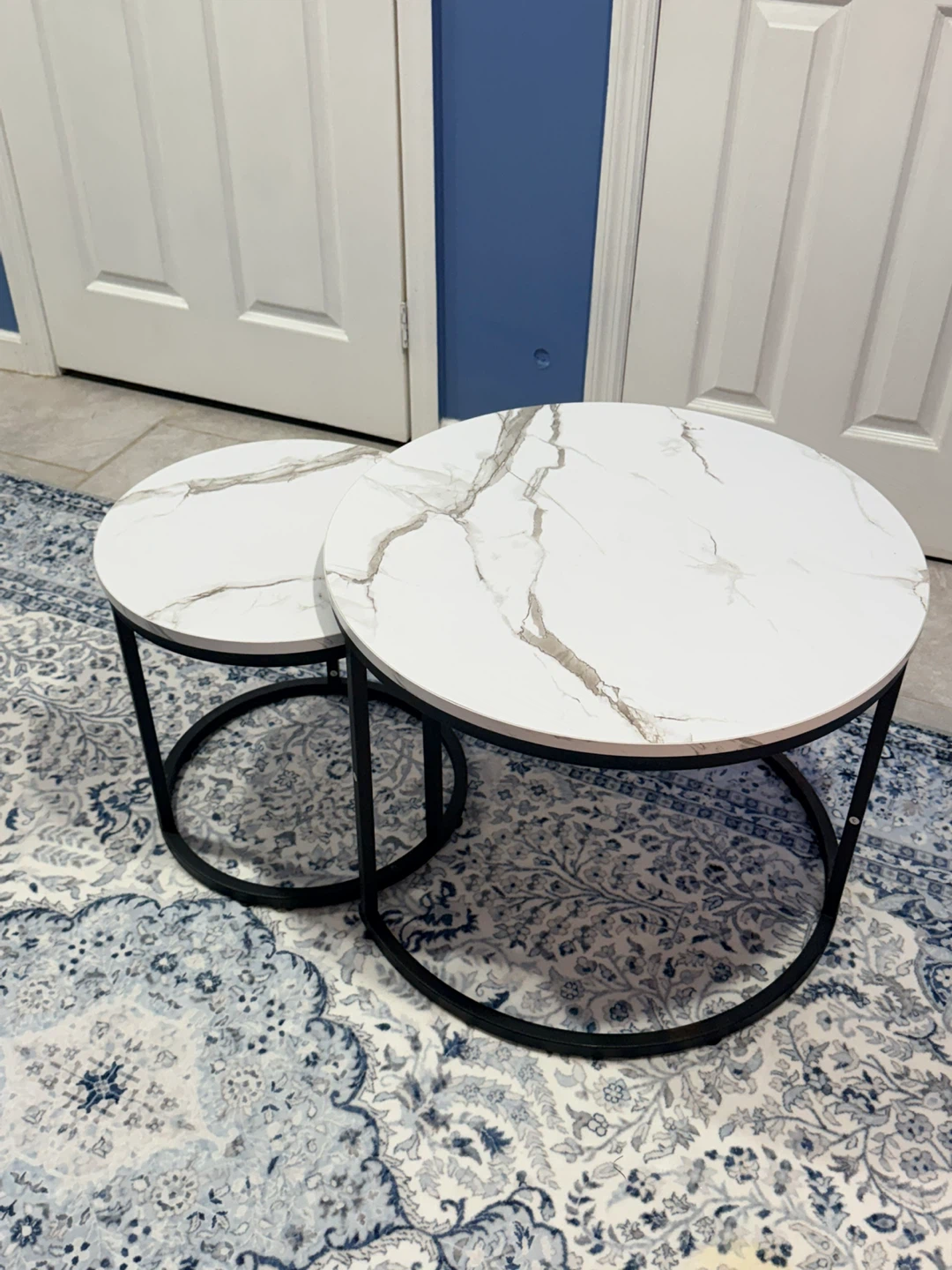 Nesting Coffee Tables - White Marble Top, Black Metal Legs - photo 2