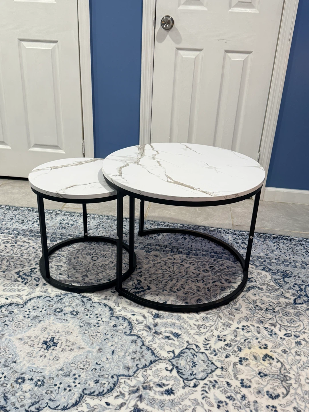 Nesting Coffee Tables - White Marble Top, Black Metal Legs